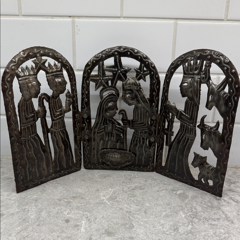 Folk Art Hand tooled Metal Nativity and Magi Christmas Triptych. 14.5”x8”
